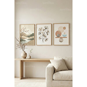 Soft Nature & Abstract Harmony 3’lü Ahşap Çerçeveli Tablo Seti – Japandi Duvar Dekoru 21x30 cm
