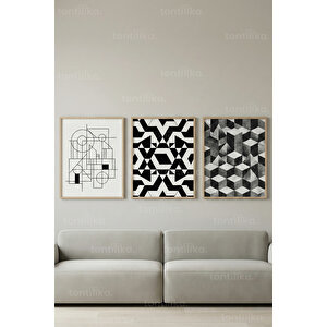 Monokrom Geometrik 3’lü Ahşap Çerçeveli Tablo Seti 50x70 cm