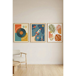Retro Modern Illustration 3’lü Ahşap Çerçeveli Tablo Seti 30x42 cm