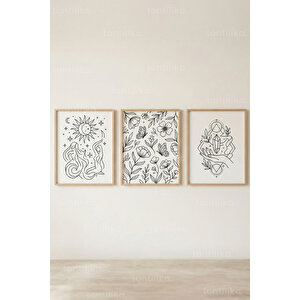 Spiritüel Çizgi Sanatı 3’lü Ahşap Çerçeveli Tablo Seti 30x42 cm