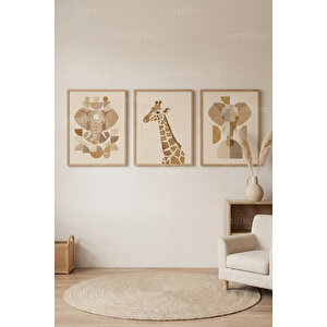Geometrik Safari Hayvanları 3’lü Ahşap Çerçeveli Tablo Seti - Modern Duvar Dekoru 30x42 cm