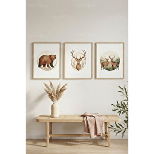 Orman Hayvanları 3’lü Ahşap Çerçeveli Tablo Seti - Doğal Modern Duvar Dekoru 21x30 cm