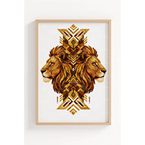 Aslan Figürleri 3’lü Ahşap Çerçeveli Tablo Seti - Cesur Sanat Duvar Dekoru 50x70 cm