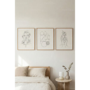 Minimal Çizgi Sanatı 3’lü Ahşap Çerçeveli Tablo Seti - Modern Yatak Odası Dekoru 30x42 cm
