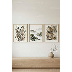 Doğal Doku Ve Sulu Boya Etkili 3’lü Ahşap Çerçeveli Tablo Seti 50x70 cm