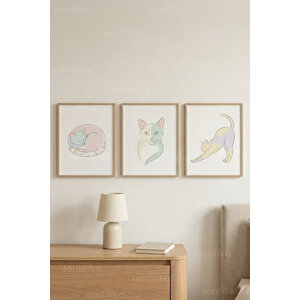 Minimal Kedi İllüstrasyonları 3’lü Ahşap Çerçeveli Tablo Seti - Soft Modern Duvar Dekoru 21x30 cm
