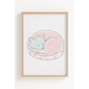 Minimal Kedi İllüstrasyonları 3’lü Ahşap Çerçeveli Tablo Seti - Soft Modern Duvar Dekoru 21x30 cm