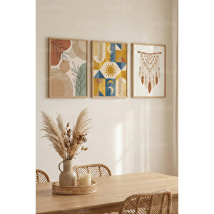 Boho Geometrik Ve Doğa Sembolleri 3’lü Ahşap Çerçeveli Tablo Seti 30x42 cm