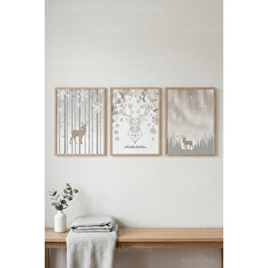 Kış Ormanı Geyik 3’lü Ahşap Çerçeveli Tablo Seti – Nordic Minimal Duvar Dekoru 21x30 cm