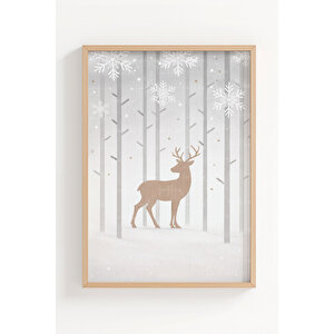 Kış Ormanı Geyik 3’lü Ahşap Çerçeveli Tablo Seti – Nordic Minimal Duvar Dekoru 21x30 cm