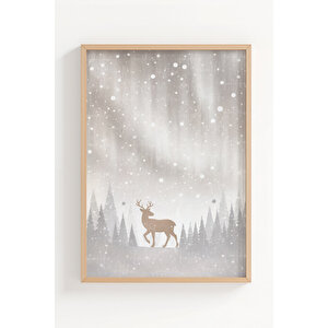 Kış Ormanı Geyik 3’lü Ahşap Çerçeveli Tablo Seti – Nordic Minimal Duvar Dekoru