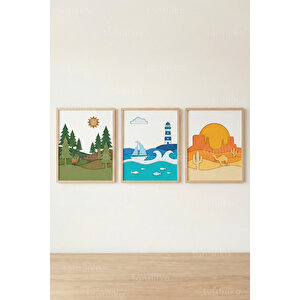 Doğa Manzaraları 3’lü Ahşap Çerçeveli Tablo Seti 21x30 cm