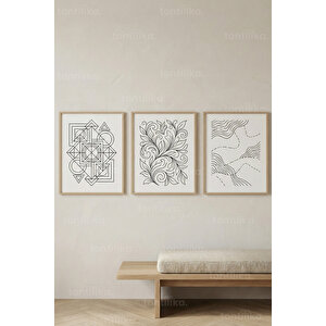 Çizgisel Denge 3’lü Ahşap Çerçeveli Tablo Seti 21x30 cm