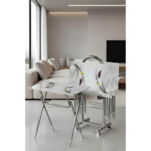 Lumi̇s Garden 4’lü Katlanır Cam Beyaz Yaprak Desenli Çanta Zigon Sehpa – Krom Ayak Beyaz