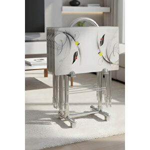 Lumi̇s Garden 4’lü Katlanır Cam Beyaz Yaprak Desenli Çanta Zigon Sehpa – Krom Ayak Beyaz