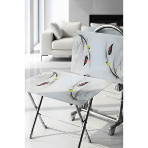 Lumi̇s Garden 4’lü Katlanır Cam Beyaz Yaprak Desenli Çanta Zigon Sehpa – Krom Ayak Beyaz