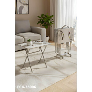 Lumi̇s Garden 4’lü Katlanır Cam Beyaz Yaprak Desenli Çanta Zigon Sehpa – Krom Ayak