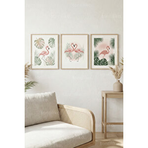 Flamingo Botanik İllüstrasyonlar 3’lü Ahşap Çerçeveli Tablo Seti - Modern Duvar Dekoru 50x70 cm