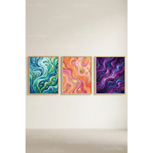 Renkli Akışkan Formlar 3’lü Ahşap Çerçeveli Tablo Seti 30x42 cm