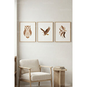 Doğadan İlhamlı Hayvan Figürleri 3’lü Ahşap Çerçeveli Tablo Seti – Minimal Duvar Dekoru 21x30 cm