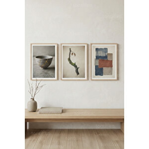 Wabi-sabi Dokular & Organik Objeler 3’lü Ahşap Çerçeveli Tablo Seti - Modern Duvar Dekoru 50x70 cm