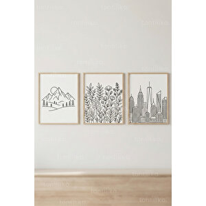 Çizgisel Denge 3’lü Ahşap Çerçeveli Tablo Seti 50x70 cm