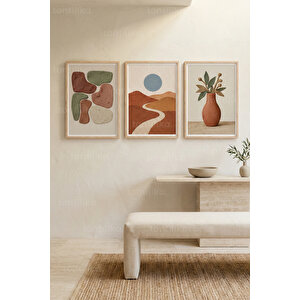 Modern Soyut Formlar 3’lü Ahşap Çerçeveli Tablo Seti - Salon Duvar Dekoru 30x42 cm