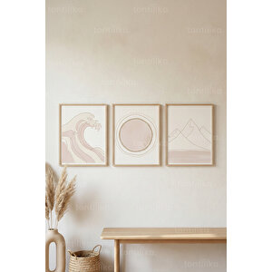 Soft Dalga & Dağ 3’lü Ahşap Çerçeveli Tablo Seti – Minimal Japandi Duvar Dekoru 50x70 cm