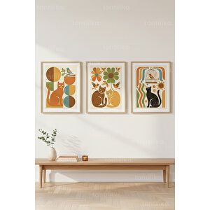 Retro Kediler 3’lü Ahşap Çerçeveli Tablo Seti – Renkli Modern Duvar Dekoru 21x30 cm