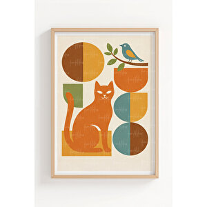 Retro Kediler 3’lü Ahşap Çerçeveli Tablo Seti – Renkli Modern Duvar Dekoru 21x30 cm