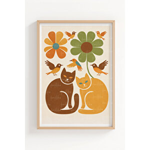 Retro Kediler 3’lü Ahşap Çerçeveli Tablo Seti – Renkli Modern Duvar Dekoru 21x30 cm