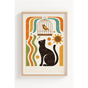 Retro Kediler 3’lü Ahşap Çerçeveli Tablo Seti – Renkli Modern Duvar Dekoru