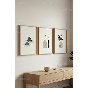 Zen Sadelik 3’lü Ahşap Çerçeveli Tablo Seti - Japandi Minimal Duvar Dekoru 21x30 cm