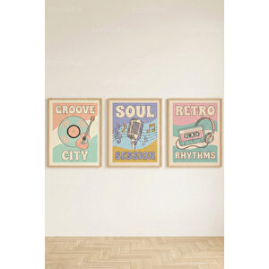 Retro Music Groove 3’lü Ahşap Çerçeveli Tablo Seti 21x30 cm