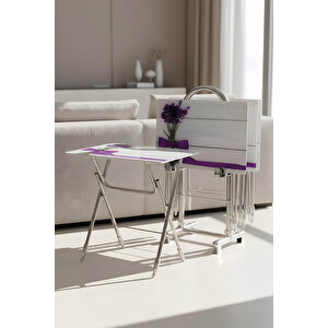 Lumi̇s Garden Lumi̇sgarden 4’lü Katlanır Cam Beyaz Kurdele Desenli Çanta Zigon Sehpa – Krom Ayak Gümüş 01