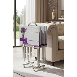 Lumi̇s Garden Lumi̇sgarden 4’lü Katlanır Cam Beyaz Kurdele Desenli Çanta Zigon Sehpa – Krom Ayak Gümüş 01