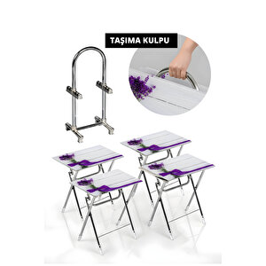 Lumi̇s Garden Lumi̇sgarden 4’lü Katlanır Cam Beyaz Kurdele Desenli Çanta Zigon Sehpa – Krom Ayak