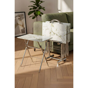 Lumi̇s Garden 4’lü Katlanır Cam Beyaz Mermer Desenli Gold Detaylı Çanta Zigon Sehpa – Krom Ayak Gümüş
