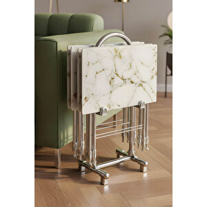 Lumi̇s Garden 4’lü Katlanır Cam Beyaz Mermer Desenli Gold Detaylı Çanta Zigon Sehpa – Krom Ayak Gümüş