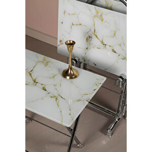 Lumi̇s Garden 4’lü Katlanır Cam Beyaz Mermer Desenli Gold Detaylı Çanta Zigon Sehpa – Krom Ayak Gümüş