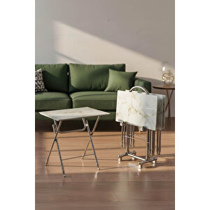 Lumi̇s Garden 4’lü Katlanır Cam Beyaz Mermer Desenli Gold Detaylı Çanta Zigon Sehpa – Krom Ayak