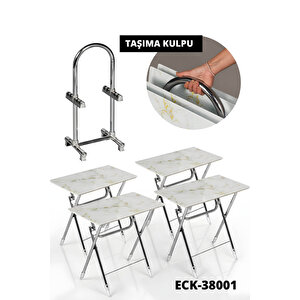 Lumi̇s Garden 4’lü Katlanır Cam Beyaz Mermer Desenli Gold Detaylı Çanta Zigon Sehpa – Krom Ayak