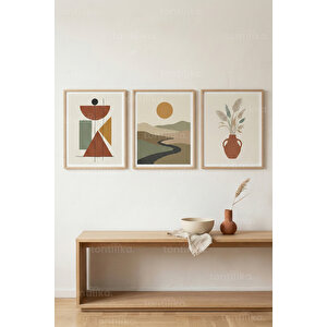 Modern Akış 3’lü Ahşap Çerçeveli Tablo Seti - Modern Minimal Duvar Dekoru 30x42 cm