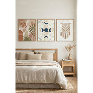 Boho Spirit 3’lü Ahşap Çerçeveli Tablo Seti – Ay Fazları Ve Doğal Duvar Dekoru 30x42 cm