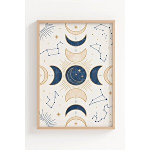 Boho Spirit 3’lü Ahşap Çerçeveli Tablo Seti – Ay Fazları Ve Doğal Duvar Dekoru