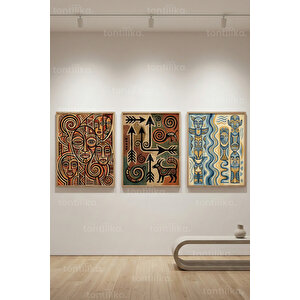 Kültürel Figürler Geometrik 3’lü Ahşap Çerçeveli Tablo Seti 30x42 cm