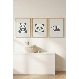 Sevimli Panda 3’lü Ahşap Çerçeveli Tablo Seti - Çocuk Odası Minimal Duvar Dekoru 21x30 cm