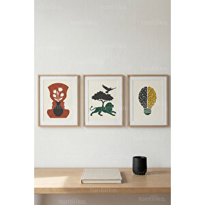 Sembolizm & Düşünce Figürleri 3’lü Ahşap Çerçeveli Tablo Seti - Modern Duvar Dekoru 50x70 cm