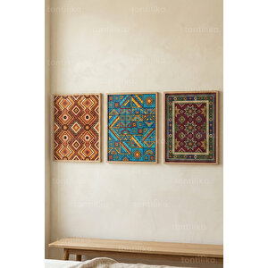 Etnik Geometrik Desenler 3’lü Ahşap Çerçeveli Tablo Seti 21x30 cm