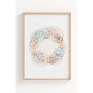 Pastel Deniz Kabuğu Motifleri 3’lü Ahşap Çerçeveli Tablo Seti - Salon Duvar Dekoru 50x70 cm